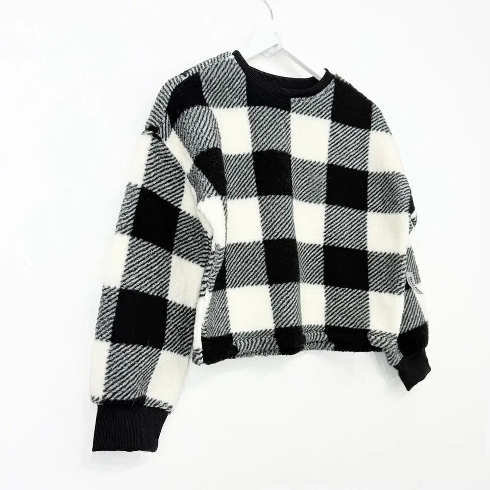 Old Navy Girls Black White Buffalo Plaid Cozy Pullover Sherpa Fleece NEW